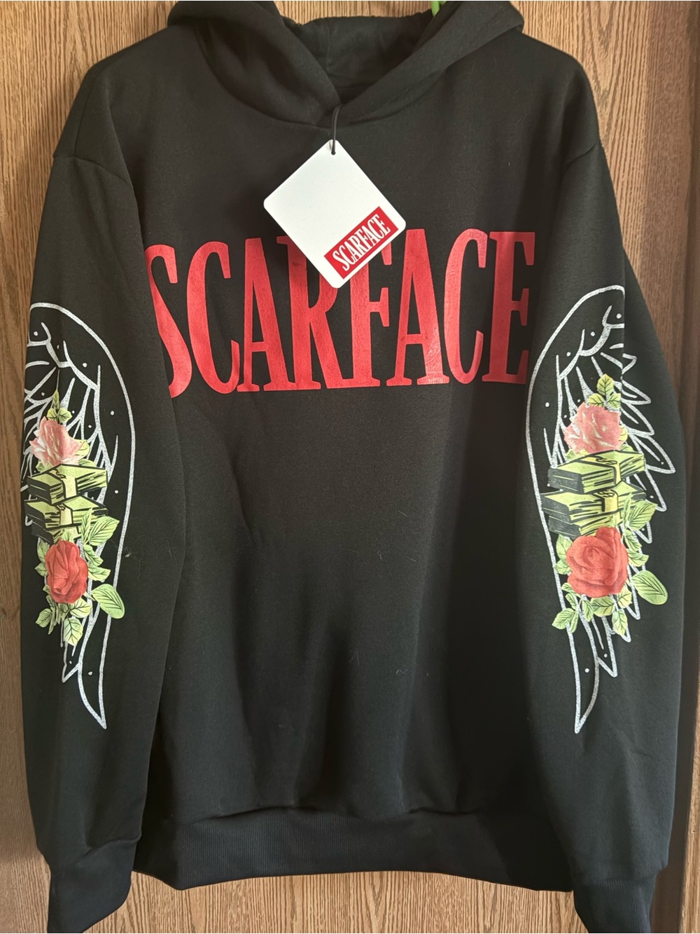 Reason Scarface Black Crewneck with Red Logo and Floral Sleeve Graphics